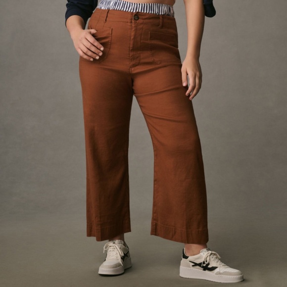 Maeve Anthropologie Colette Linen Cropped Pants Women’s 31 Brown Wide Leg Boho - Picture 1 of 10
